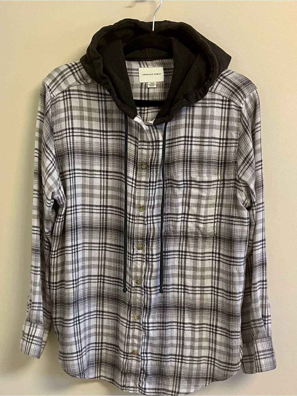 American Eagle Outfitters Grey Plaid Hooded Flannel Shirt Medium